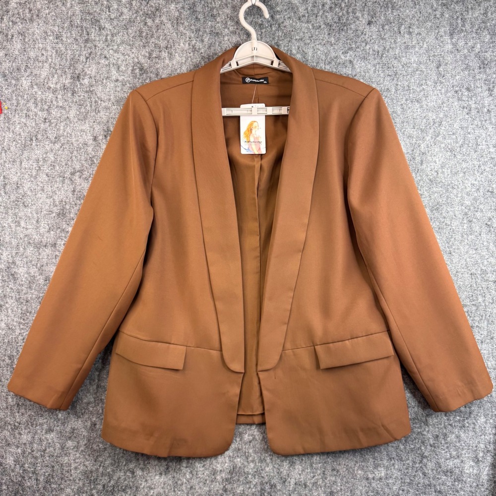 PrettyGarden Womens XXL Brown Open Front Shawl Lapel Blazer Jacket 7543 NWT